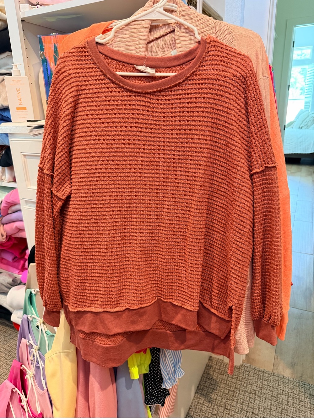 Waffle-Knit Oversized Womenβs Sweater - Rust